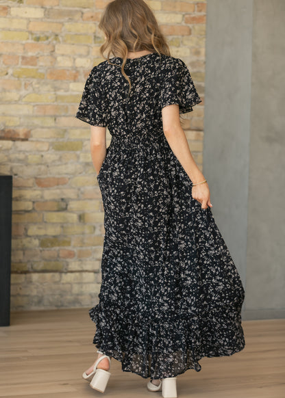 Isabella Black Floral Flutter Sleeve Maxi Dress IC Dresses