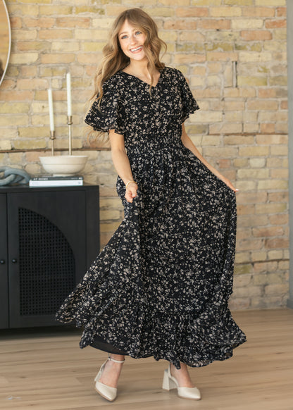 Isabella Black Floral Flutter Sleeve Maxi Dress IC Dresses