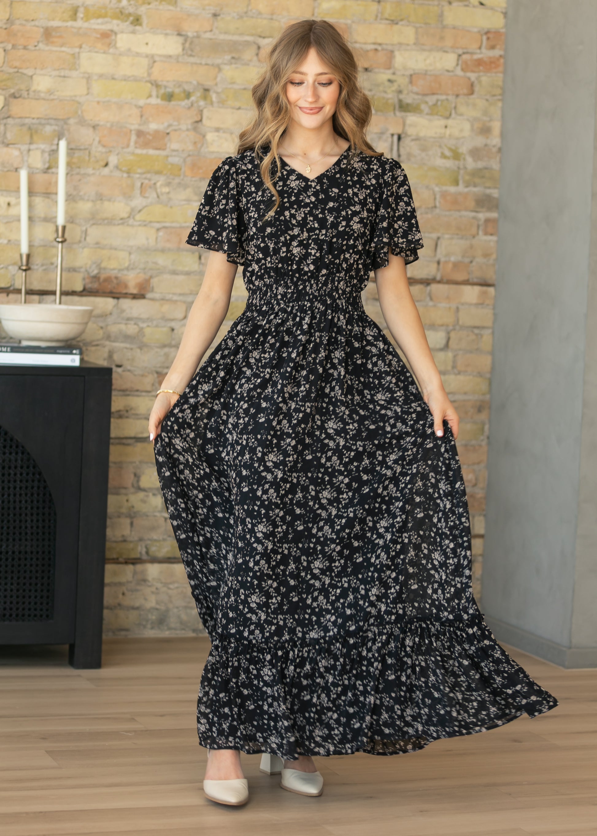 Isabella Black Floral Flutter Sleeve Maxi Dress IC Dresses XS