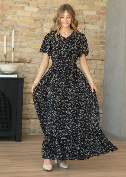 Isabella Black Floral Flutter Sleeve Maxi Dress IC Dresses XS