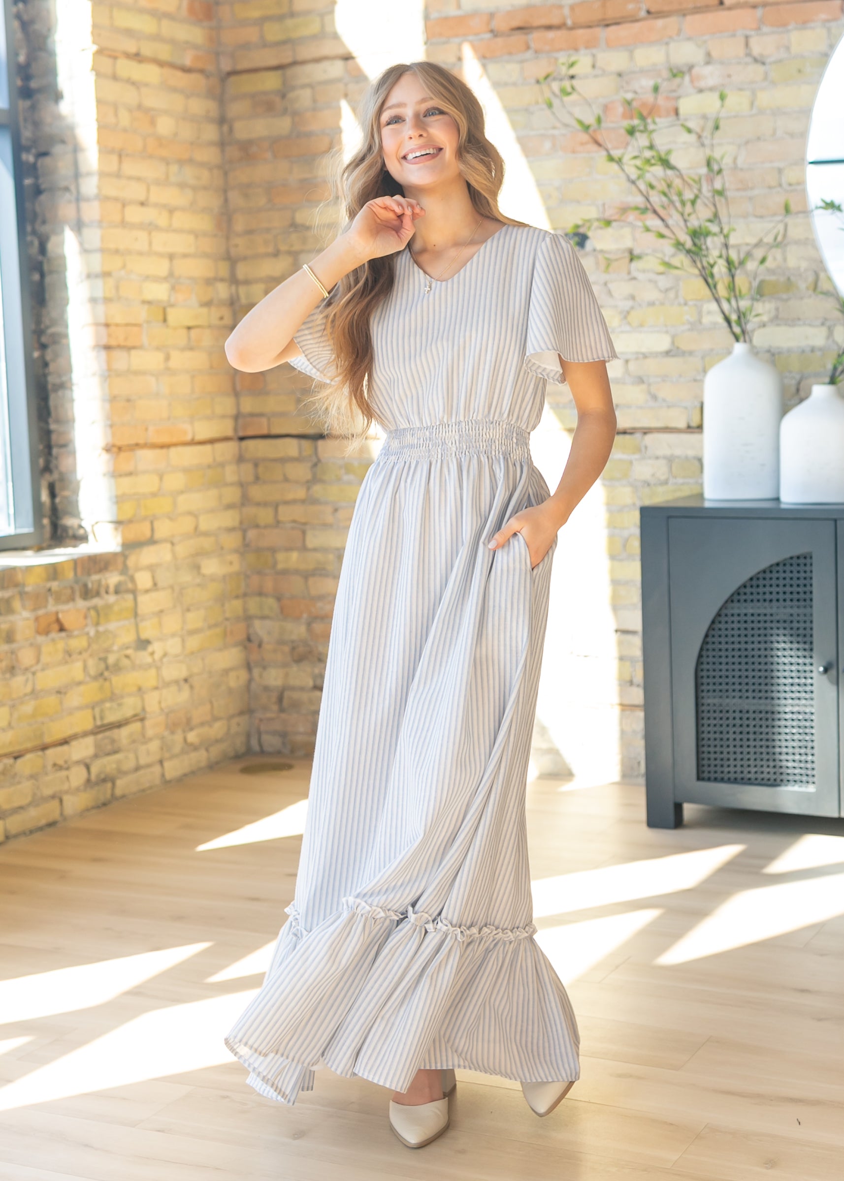 Isabella Blue Stripes V Neck Maxi Dress Inherit Co. Isabella Blue Stripes V Neck Maxi Dress Inherit Co.