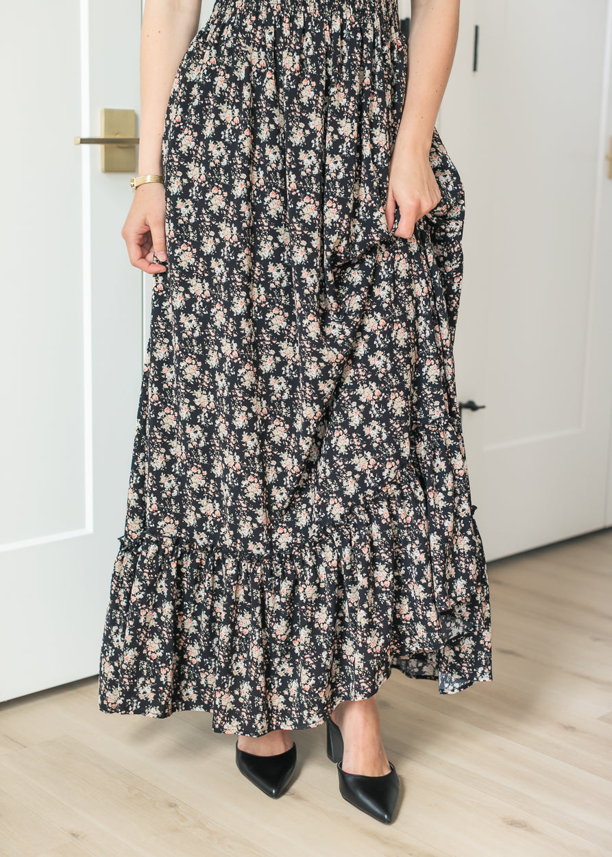 Isabella Orange Floral Black Maxi Dress IC Dresses