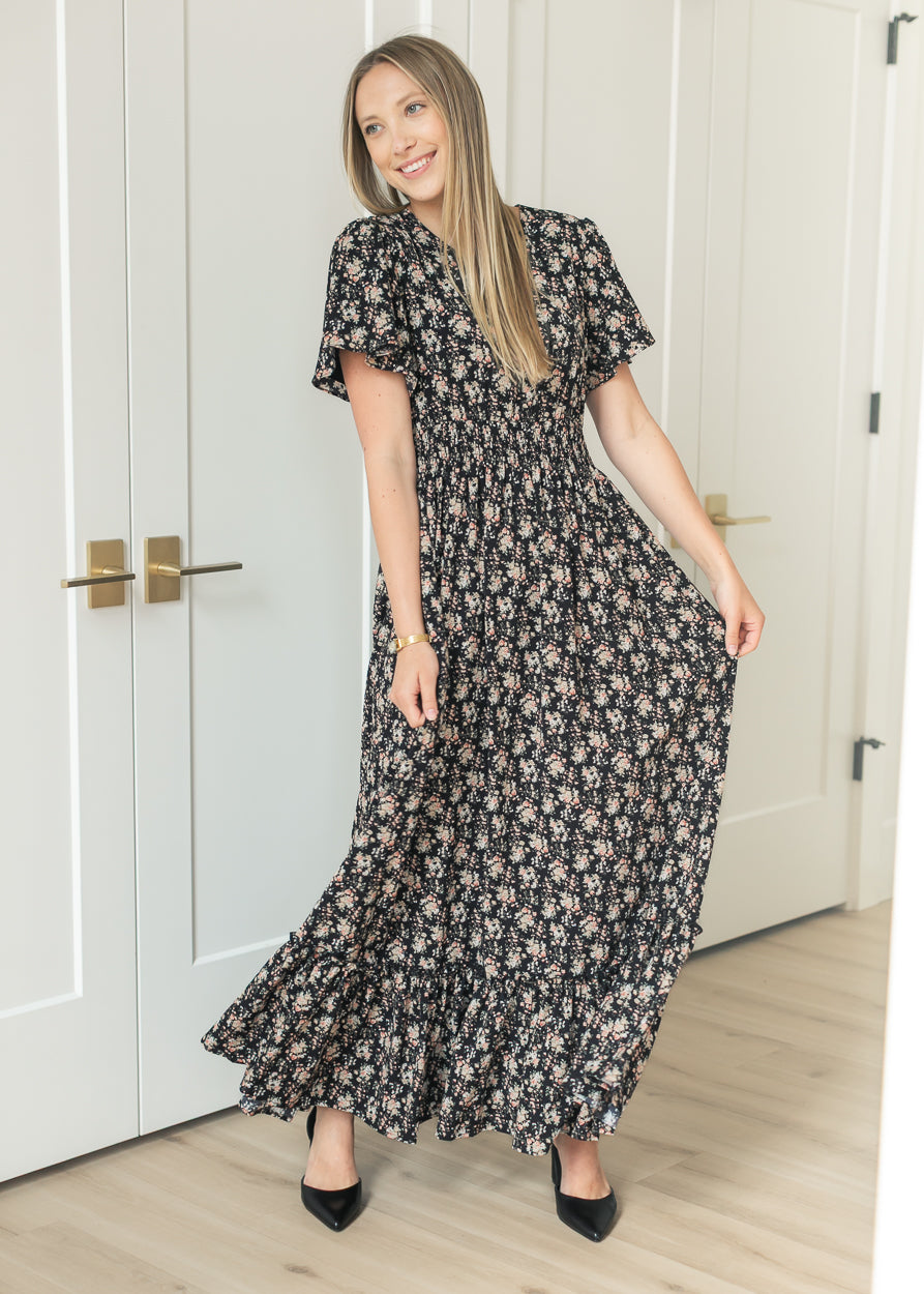 Isabella Orange Floral Black Maxi Dress IC Dresses