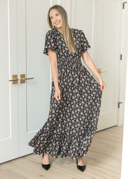 Isabella Orange Floral Black Maxi Dress IC Dresses