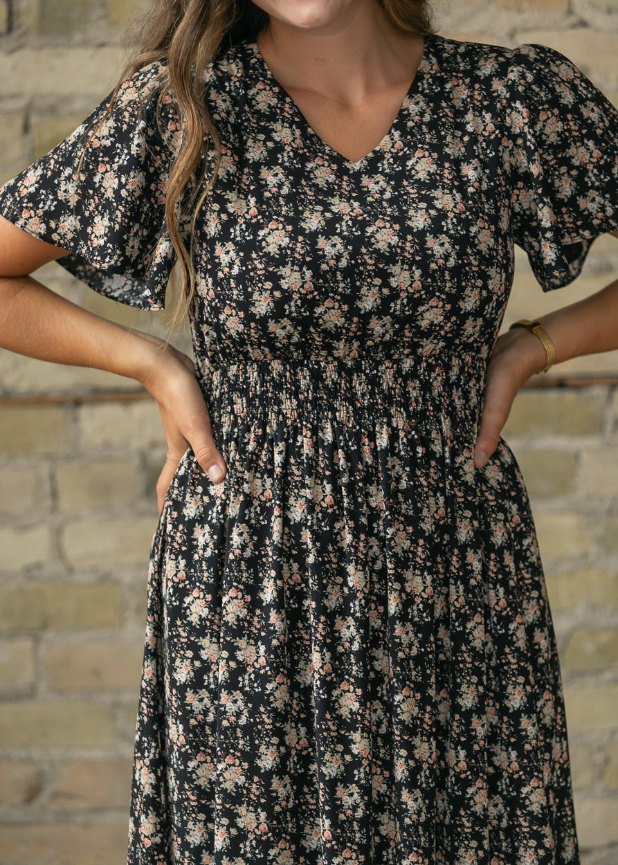 Isabella Orange Floral Black Maxi Dress IC Dresses