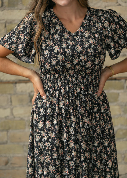Isabella Orange Floral Black Maxi Dress IC Dresses