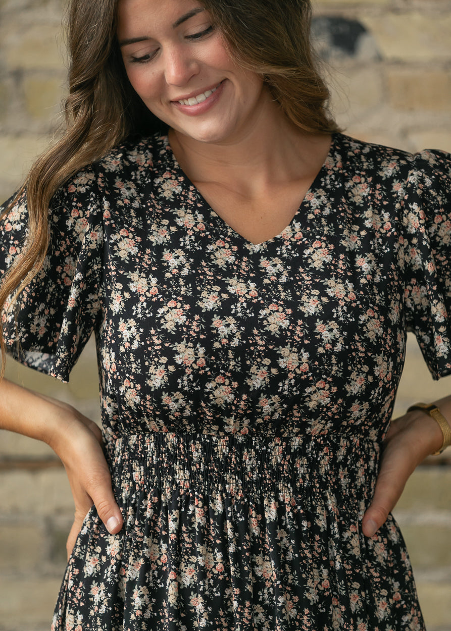 Isabella Orange Floral Black Maxi Dress IC Dresses