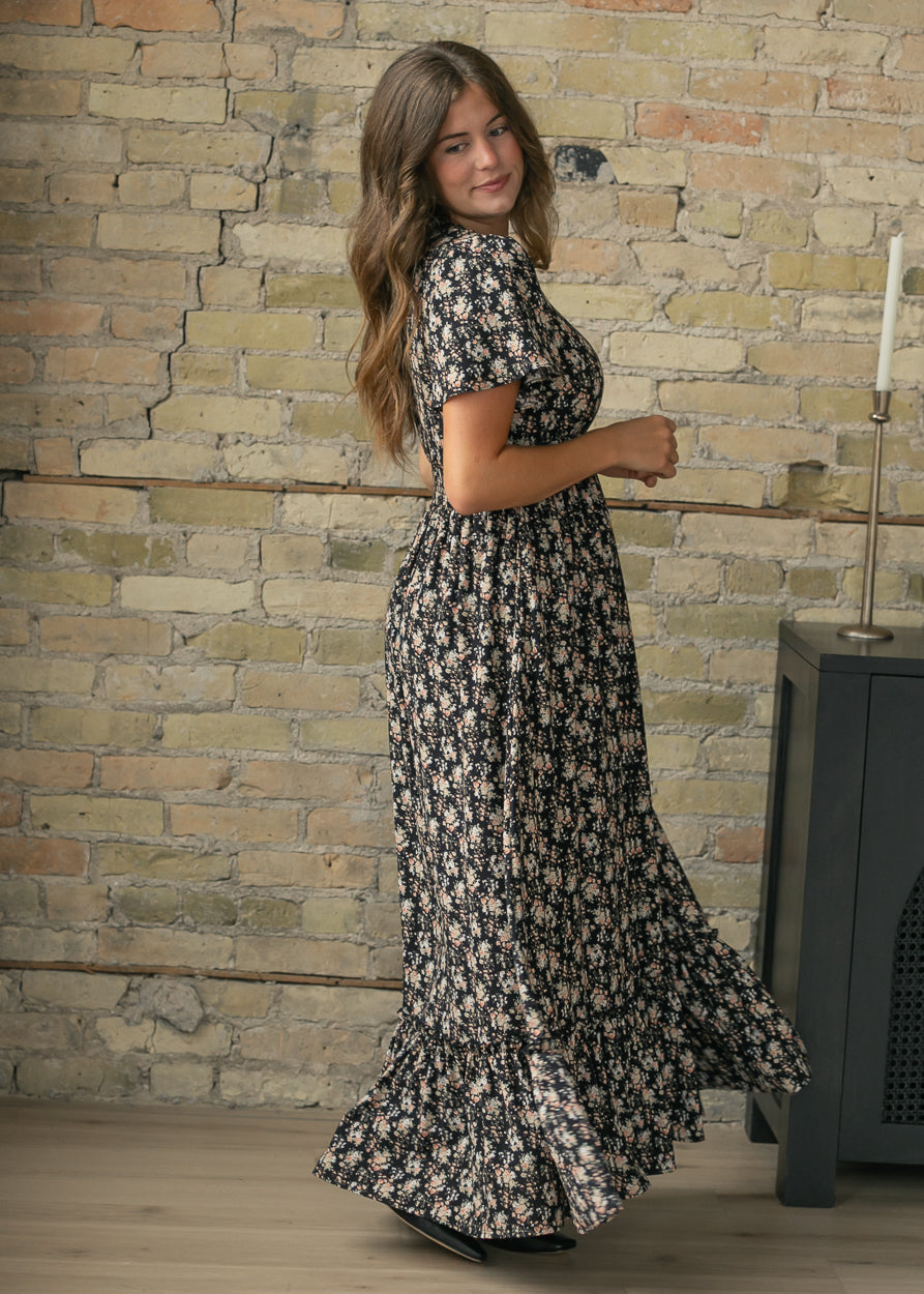 Isabella Orange Floral Black Maxi Dress IC Dresses