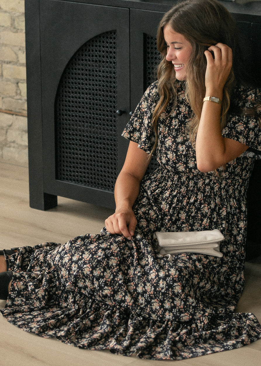 Isabella Orange Floral Black Maxi Dress IC Dresses