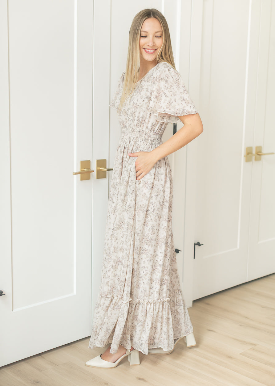 Isabella Pink Floral Cream Maxi Dress, Large