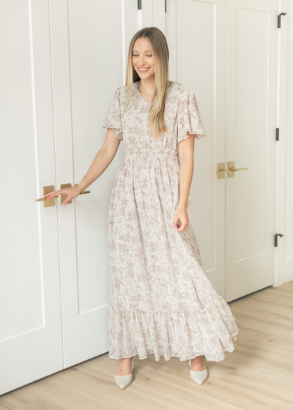 Isabella Pink Floral Cream Maxi Dress IC Dresses