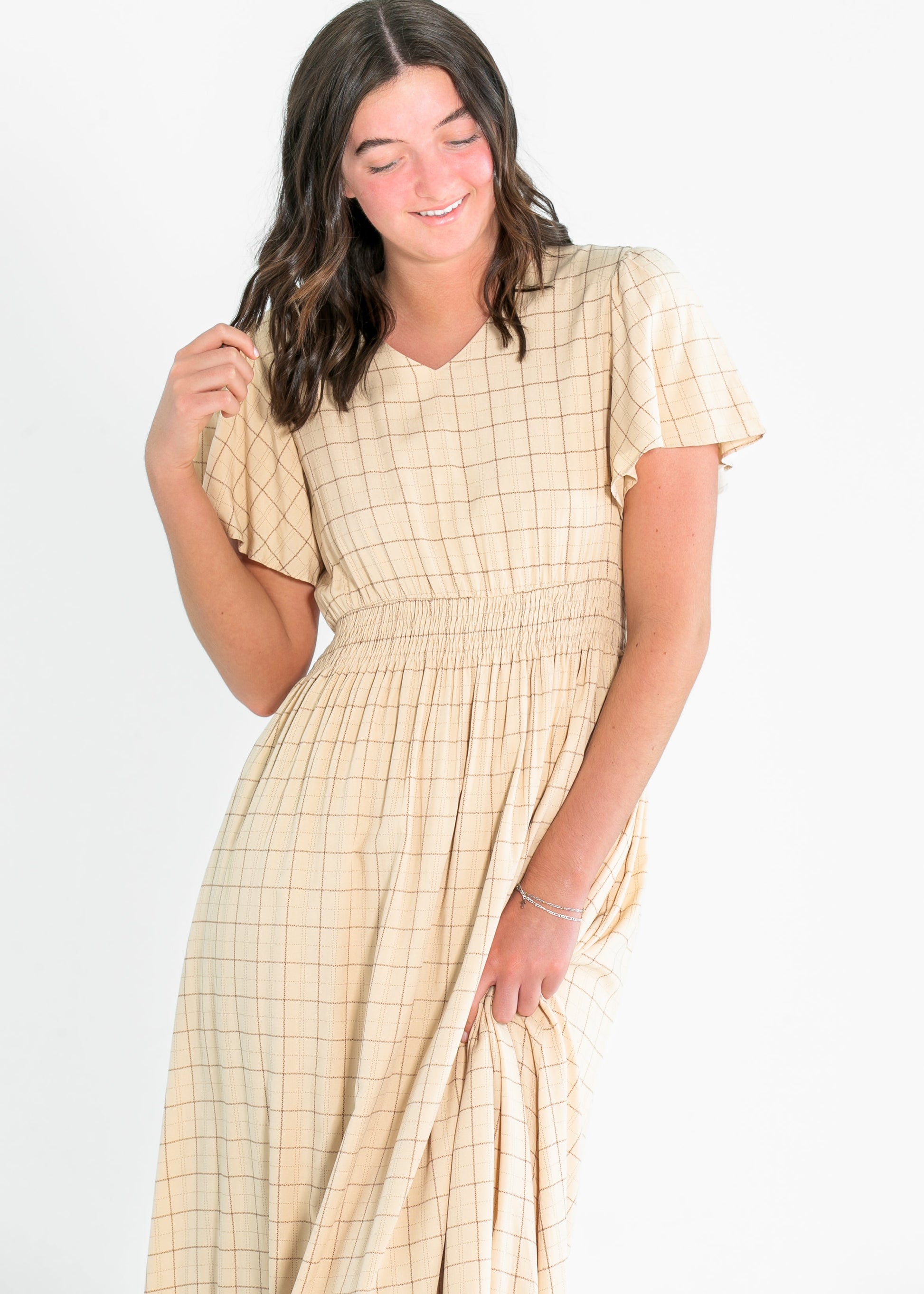 Isabella Taupe Windowpane Maxi Dress IC Dresses