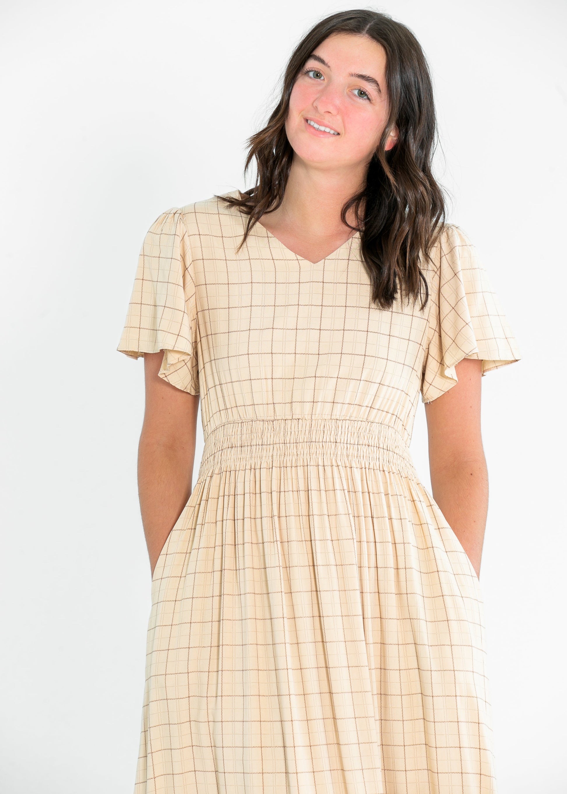 Isabella Taupe Windowpane Maxi Dress IC Dresses