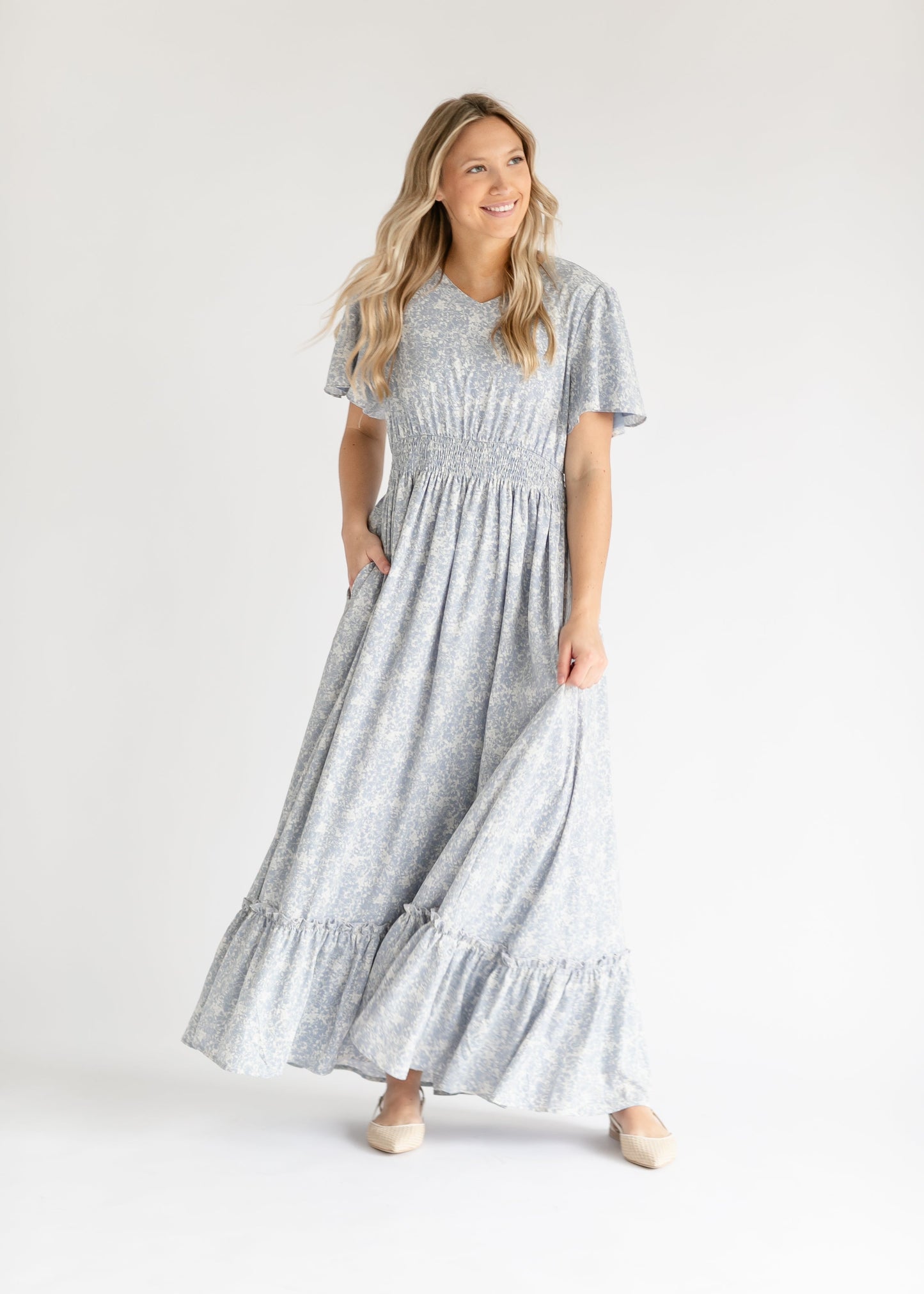 Isabella V Neck Flutter Sleeve Floral Maxi Dress - COMING SOON IC Dresses Blue Floral / XS