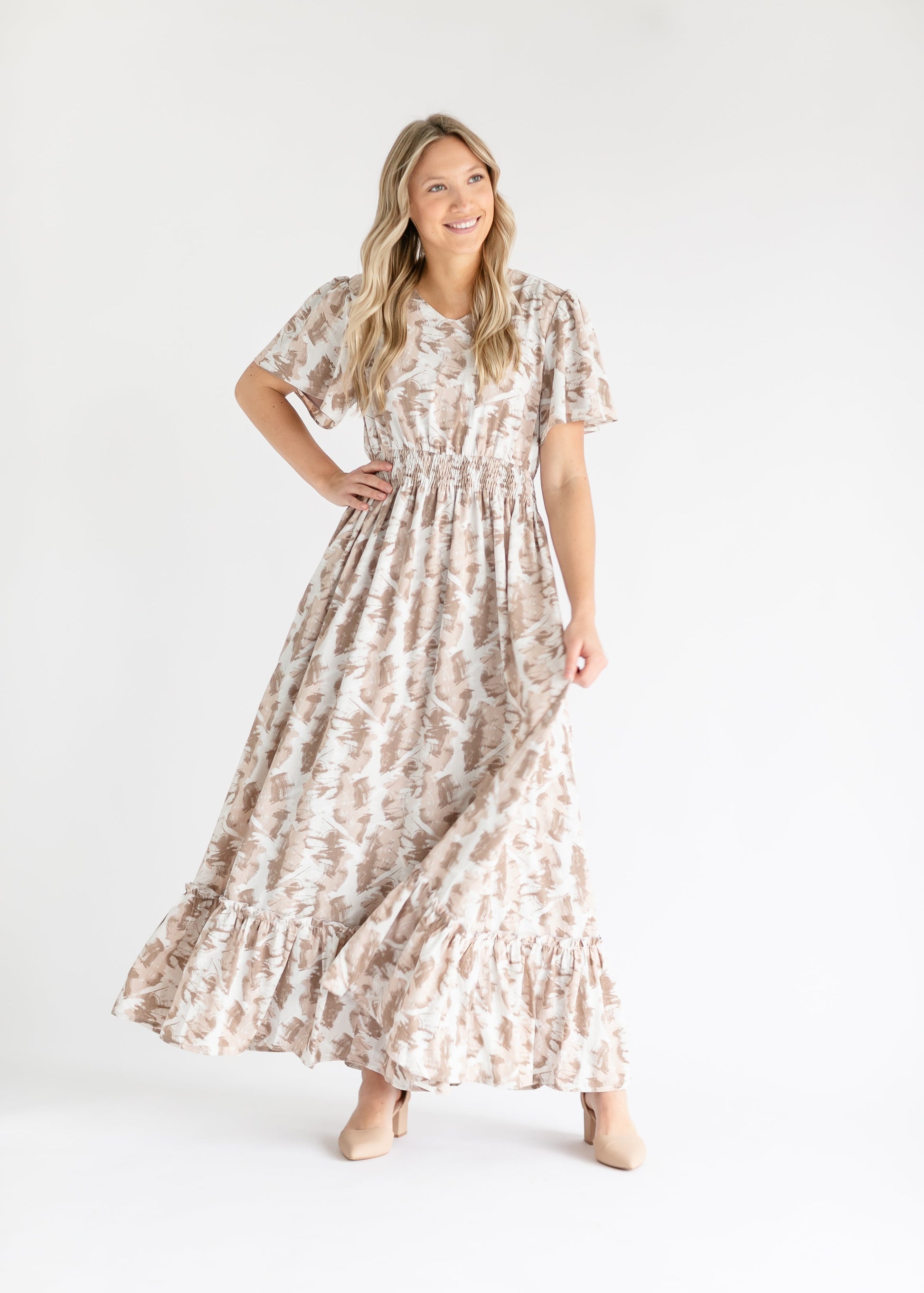 Isabella V Neck Flutter Sleeve Floral Maxi Dress - COMING SOON IC Dresses Taupe Abstract / XS