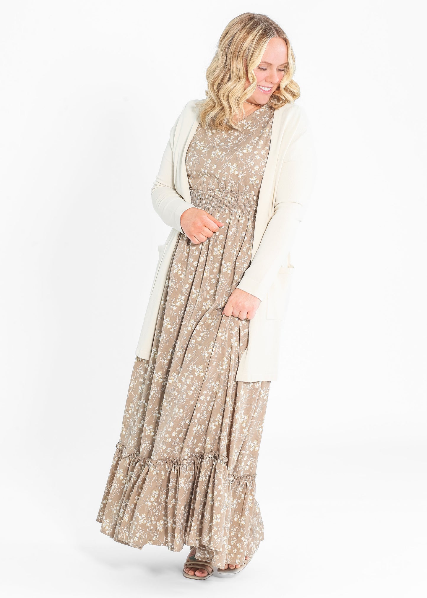 Isabella V Neck Flutter Sleeve Maxi Dress Brown Floral IC Dresses