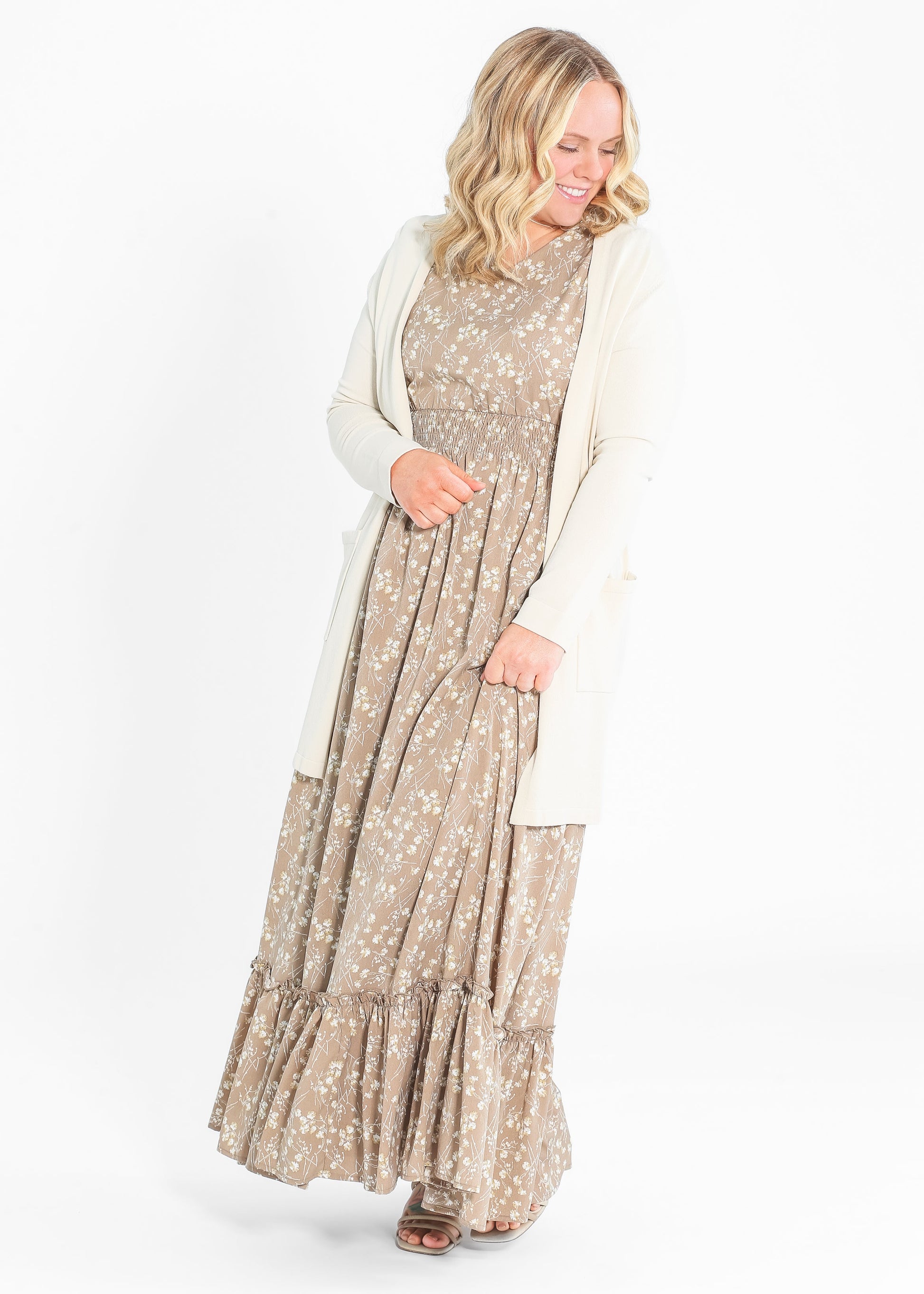 Isabella V Neck Flutter Sleeve Maxi Dress Brown Floral IC Dresses