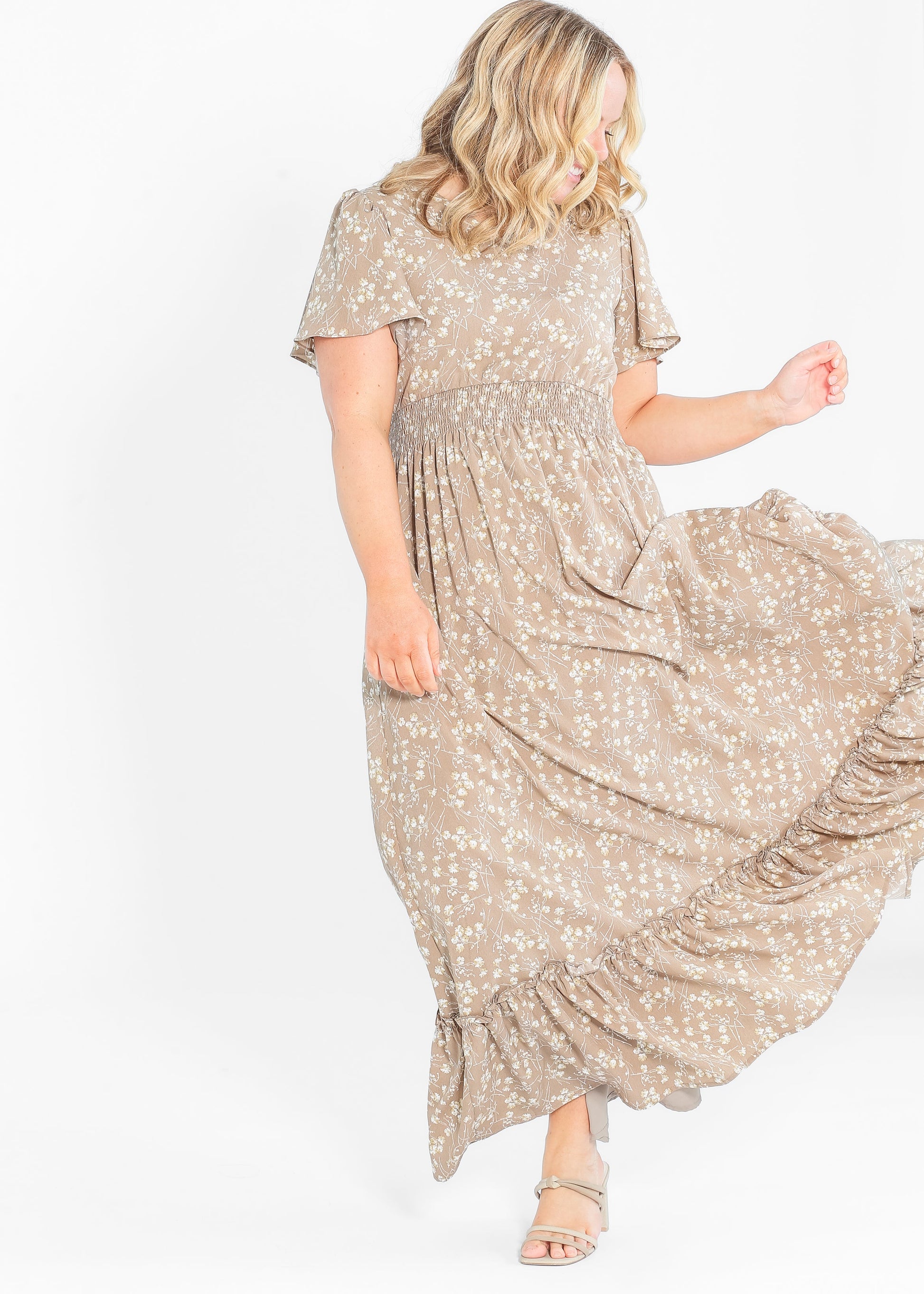 Isabella V Neck Flutter Sleeve Maxi Dress Brown Floral IC Dresses