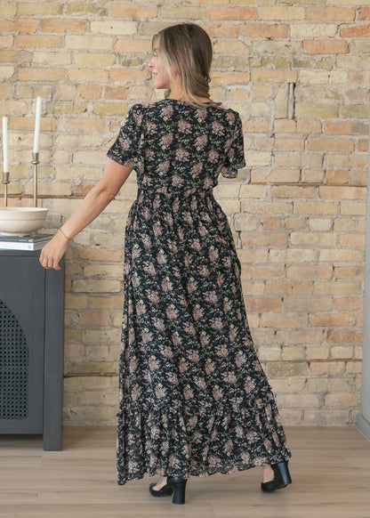 Isabella Winter Floral Black Maxi Dress IC Dresses