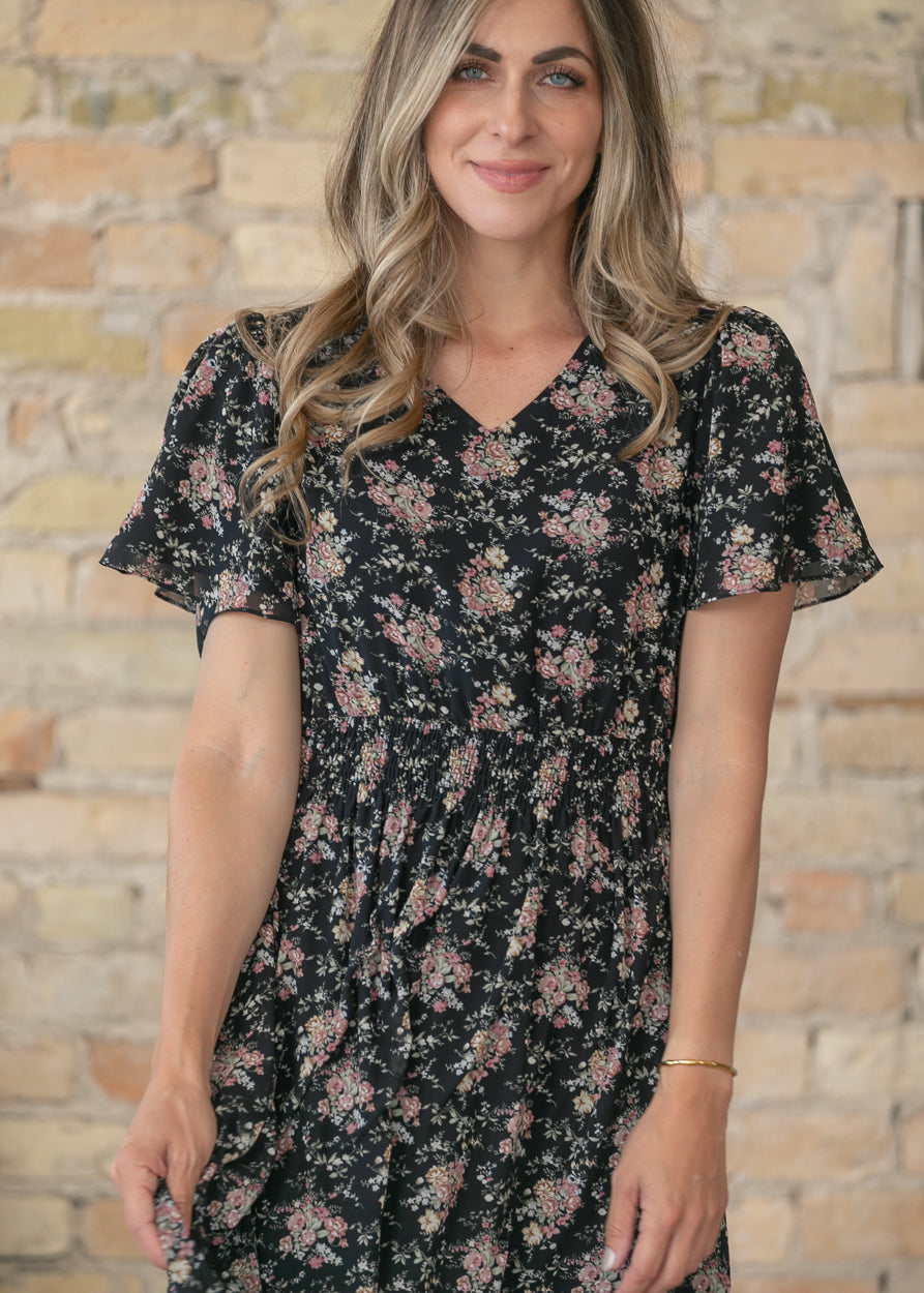Isabella Winter Floral Black Maxi Dress IC Dresses