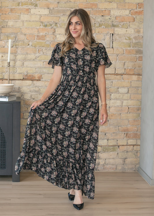 Isabella Winter Floral Black Maxi Dress IC Dresses
