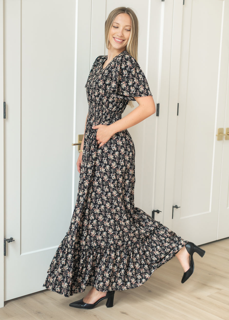 Isabella Winter Floral Black Maxi Dress IC Dresses