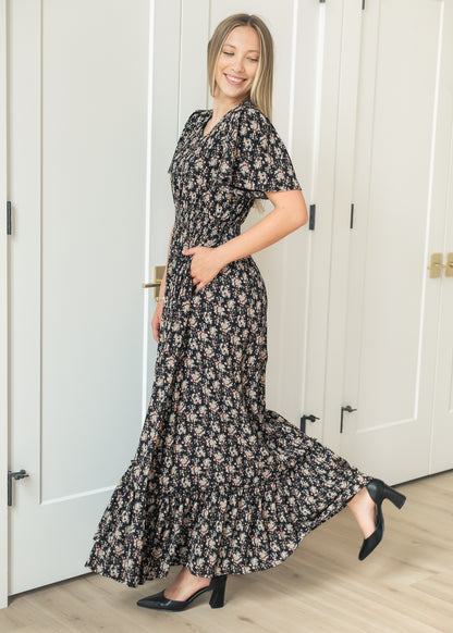 Isabella Winter Floral Black Maxi Dress IC Dresses