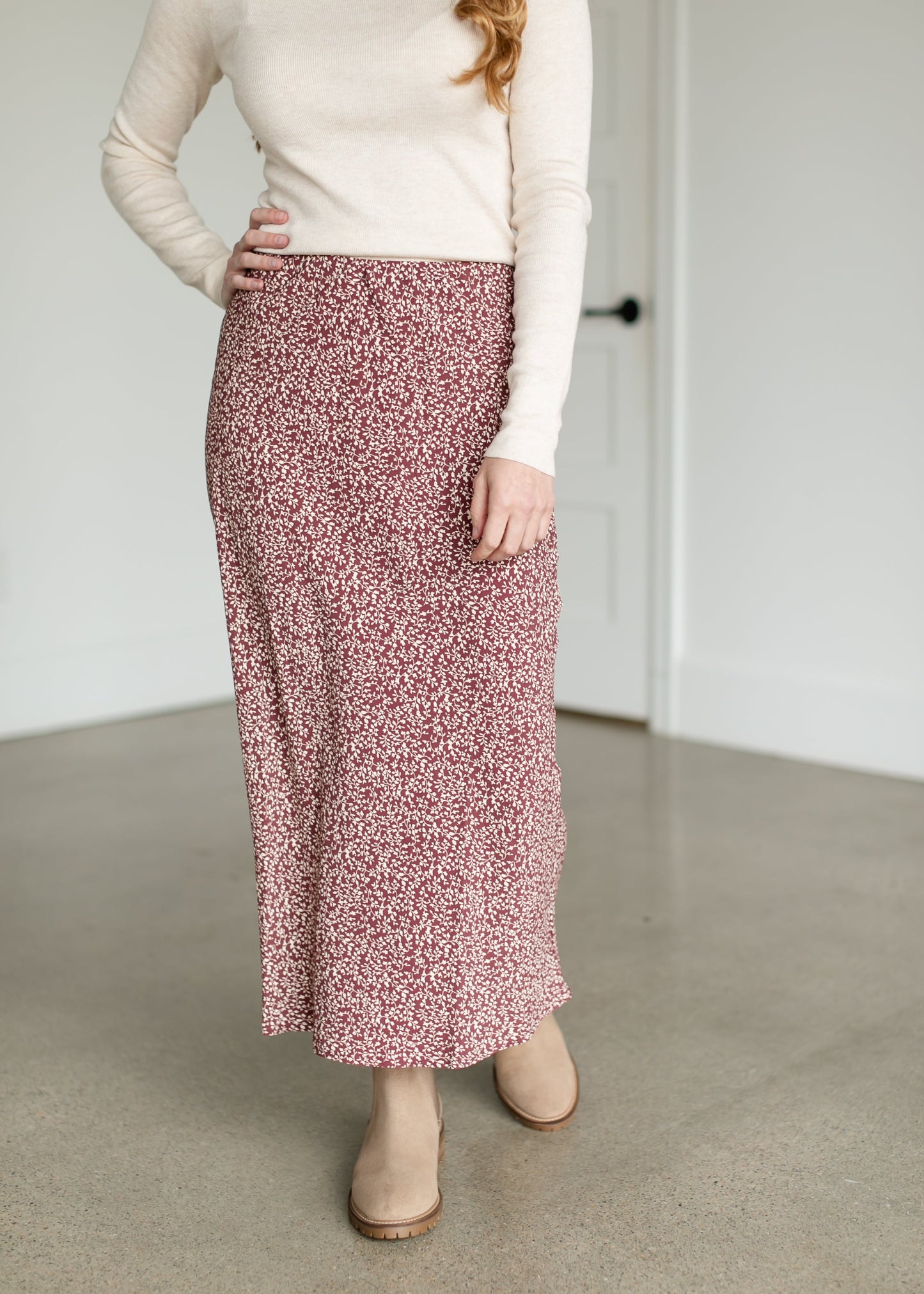 Ivory Ditsy Print Floral Midi Skirt FF Skirts Merlot / S