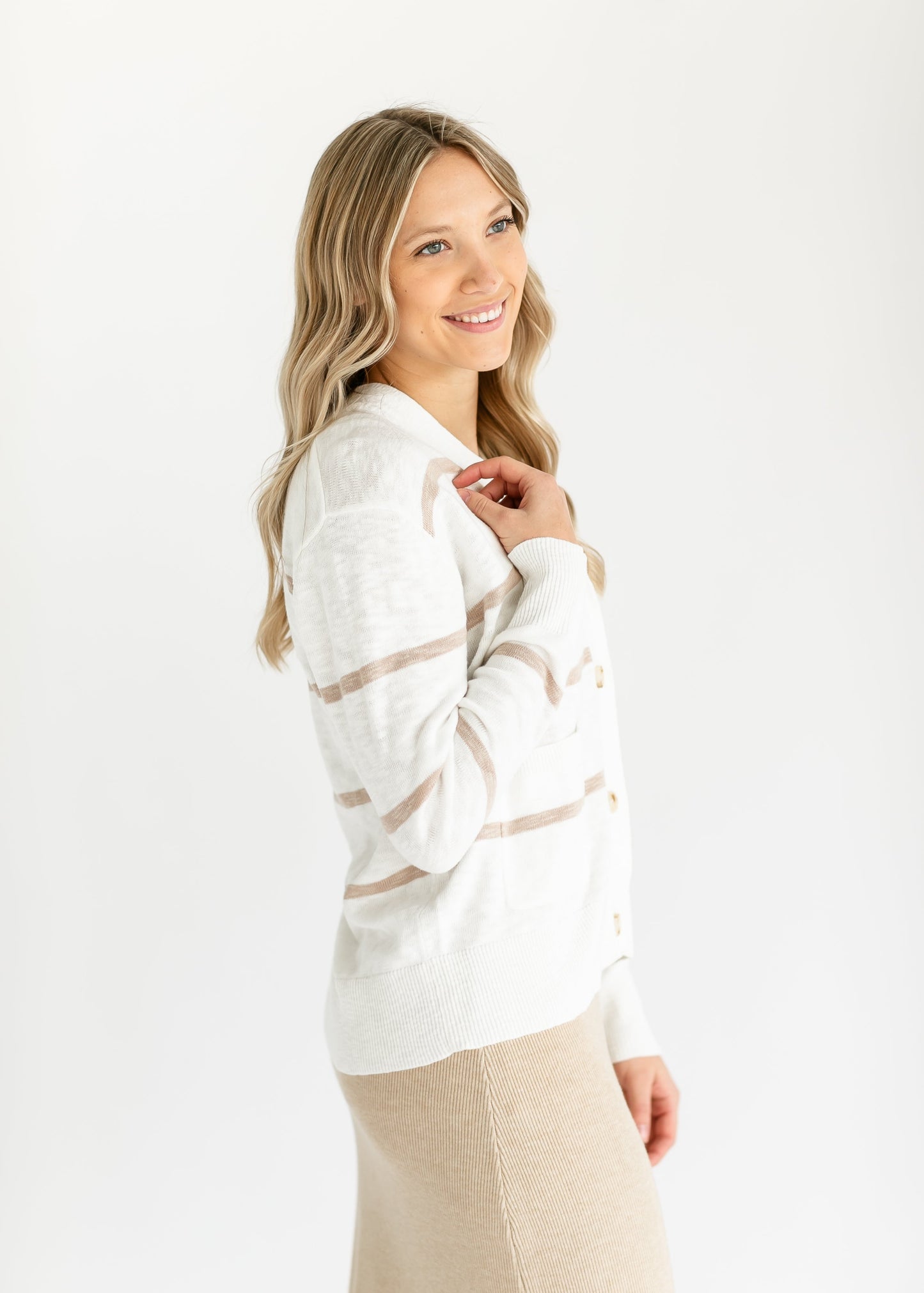 Ivory + Taupe Stripe Button Up Cardigan FF Tops
