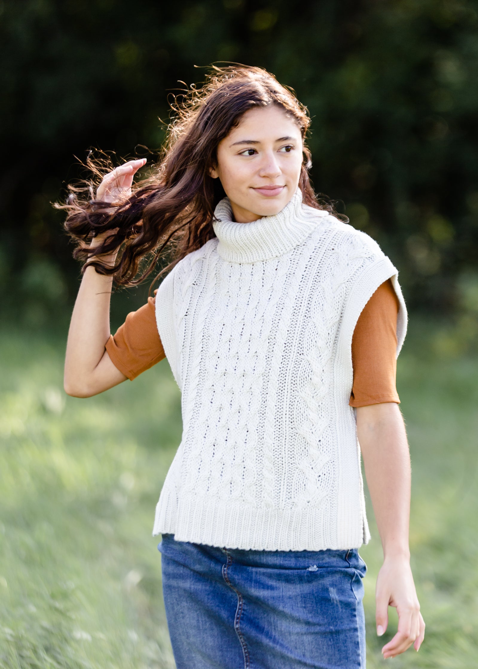 Ivory Turtleneck Cable Knit Sweater Vest - FINAL SALE FF Tops