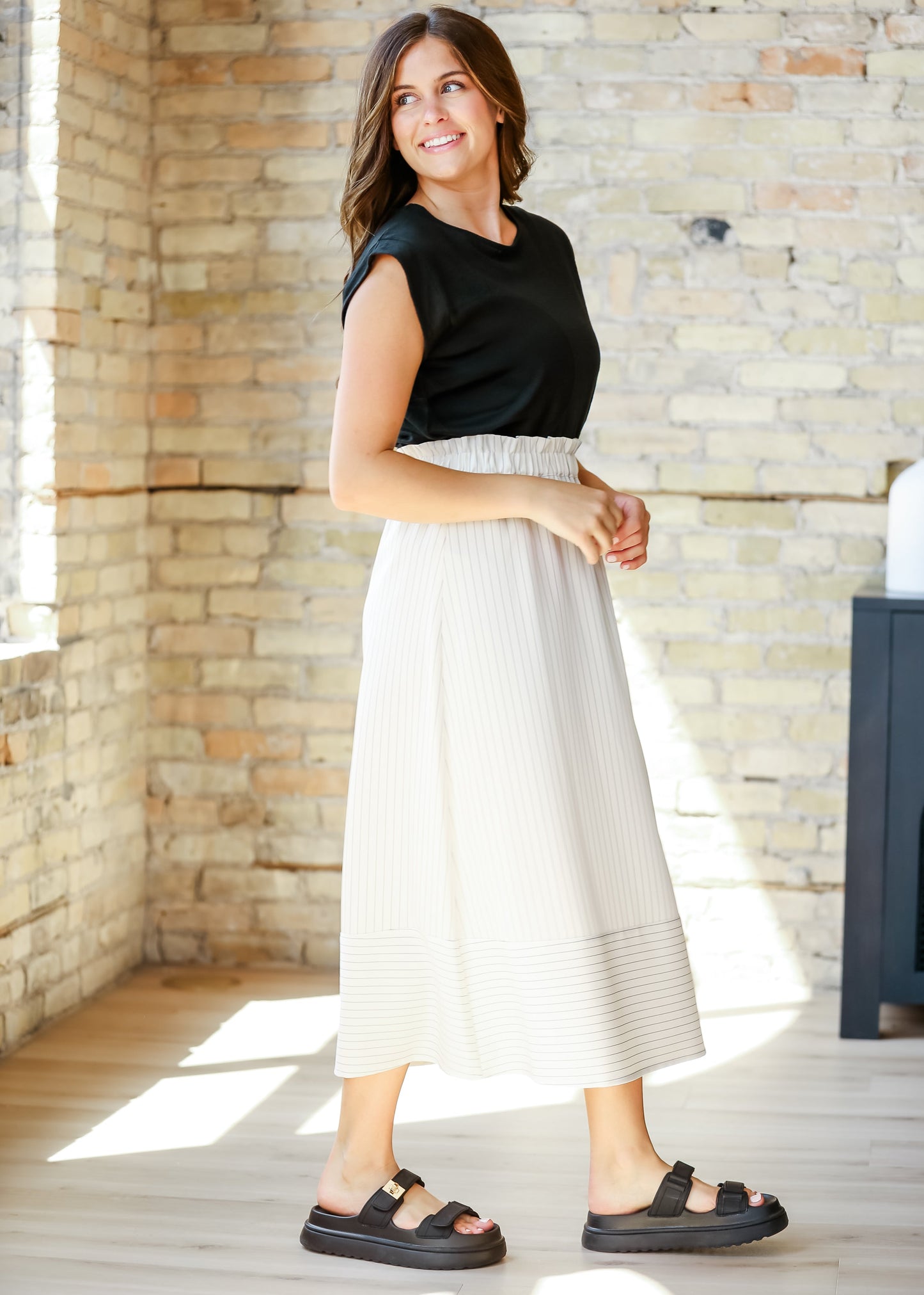 Ivy Striped Stretch Waist Midi Skirt FF Skirts