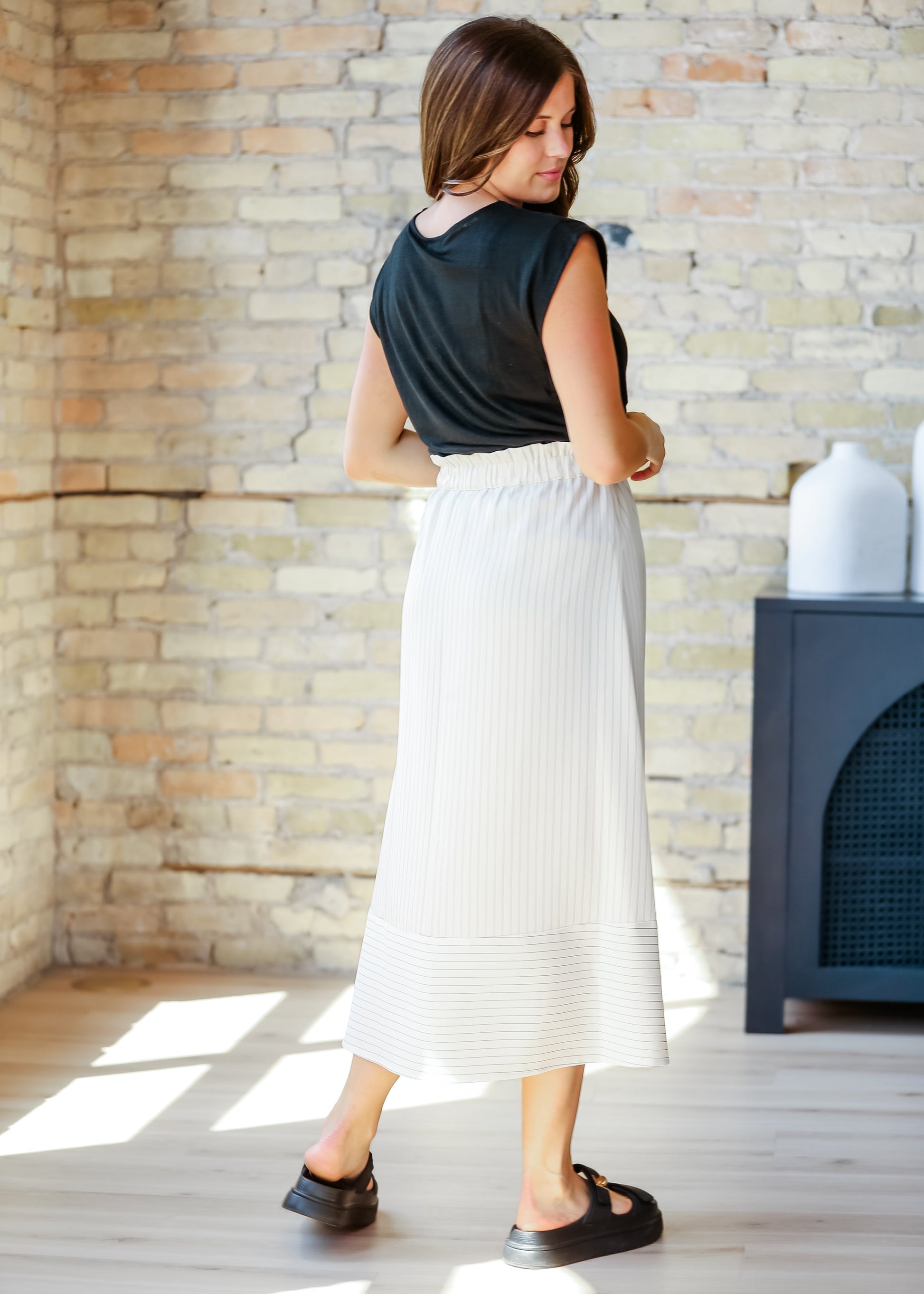 Ivy Striped Stretch Waist Midi Skirt FF Skirts