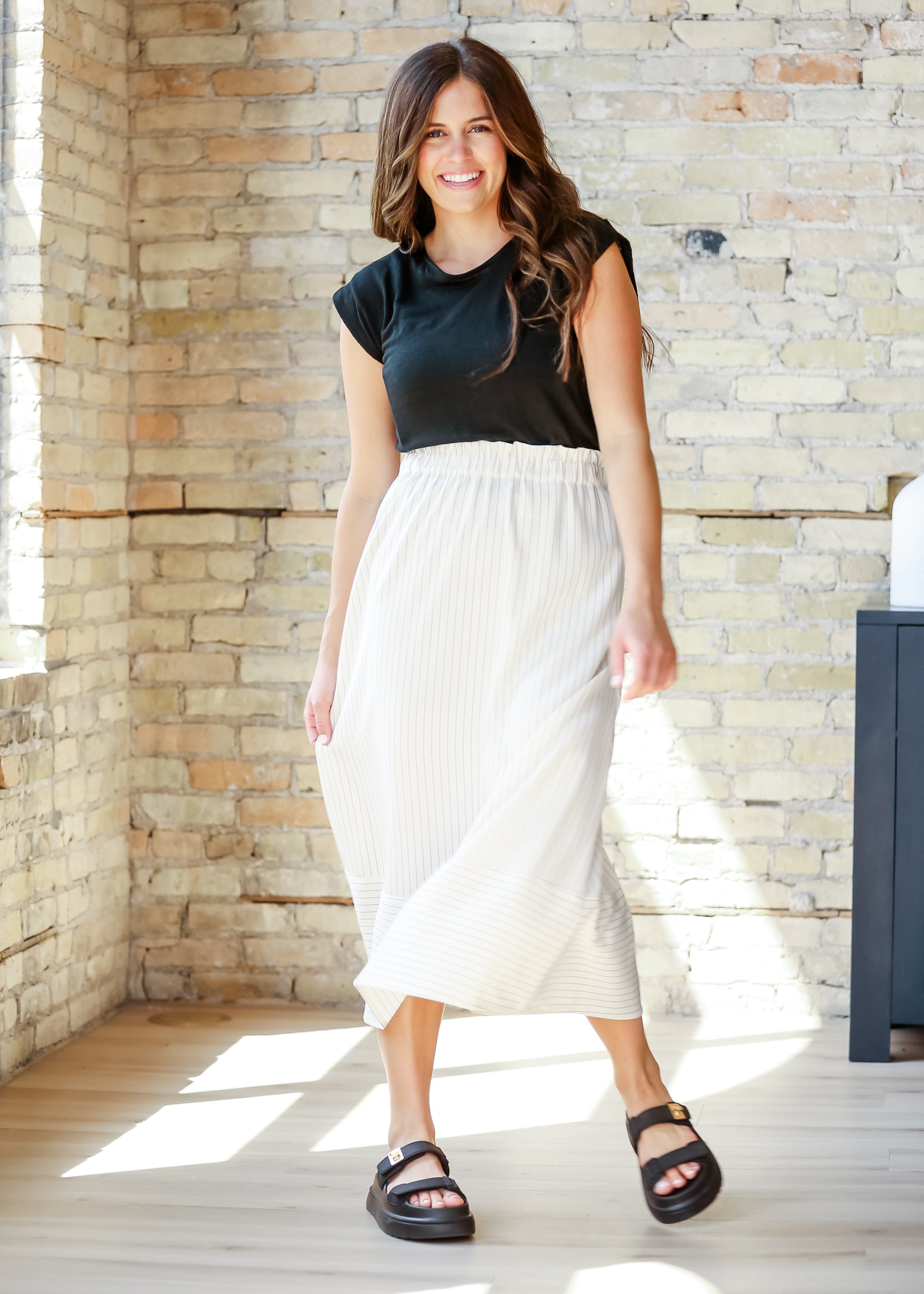 Ivy Striped Stretch Waist Midi Skirt FF Skirts