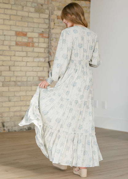 Jacey Blue Long Sleeve Smocked Waist Maxi Dress FF Dresses