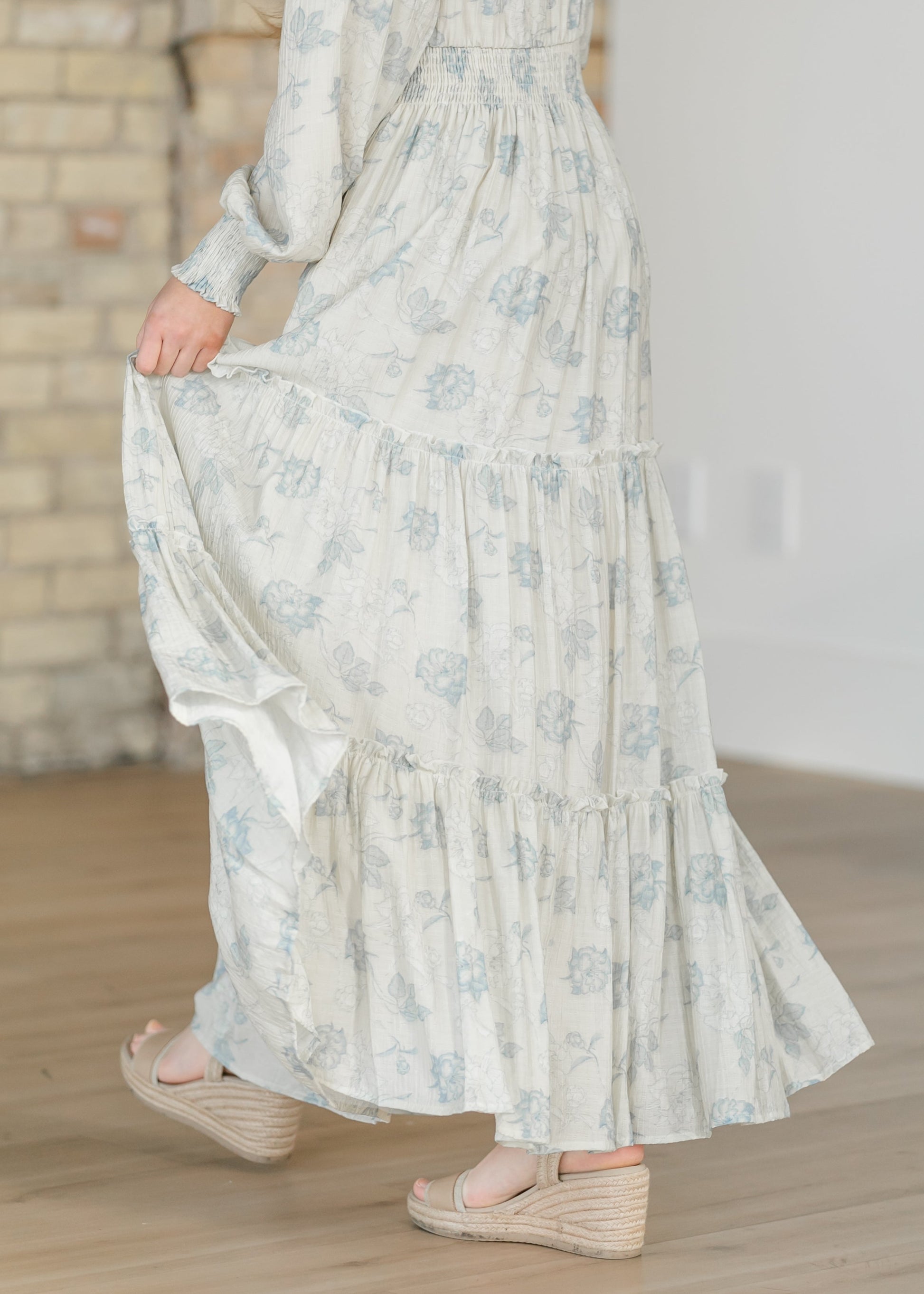 Jacey Blue Long Sleeve Smocked Waist Maxi Dress FF Dresses