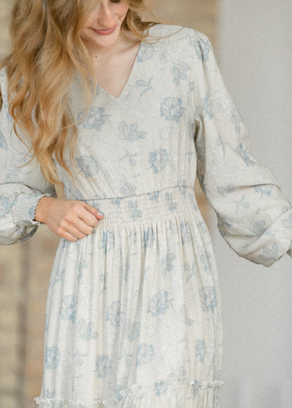 Jacey Blue Long Sleeve Smocked Waist Maxi Dress FF Dresses