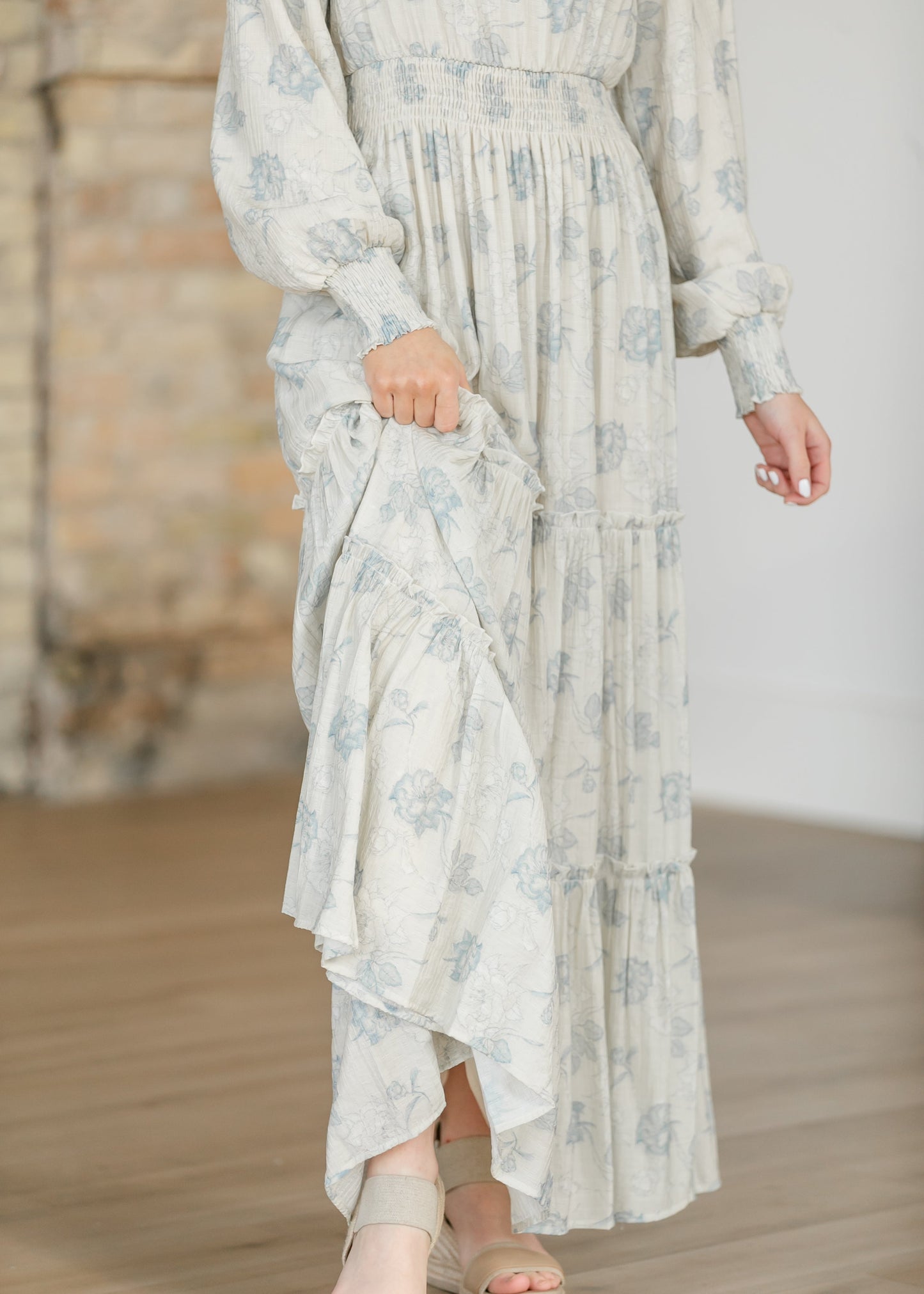 Jacey Blue Long Sleeve Smocked Waist Maxi Dress FF Dresses