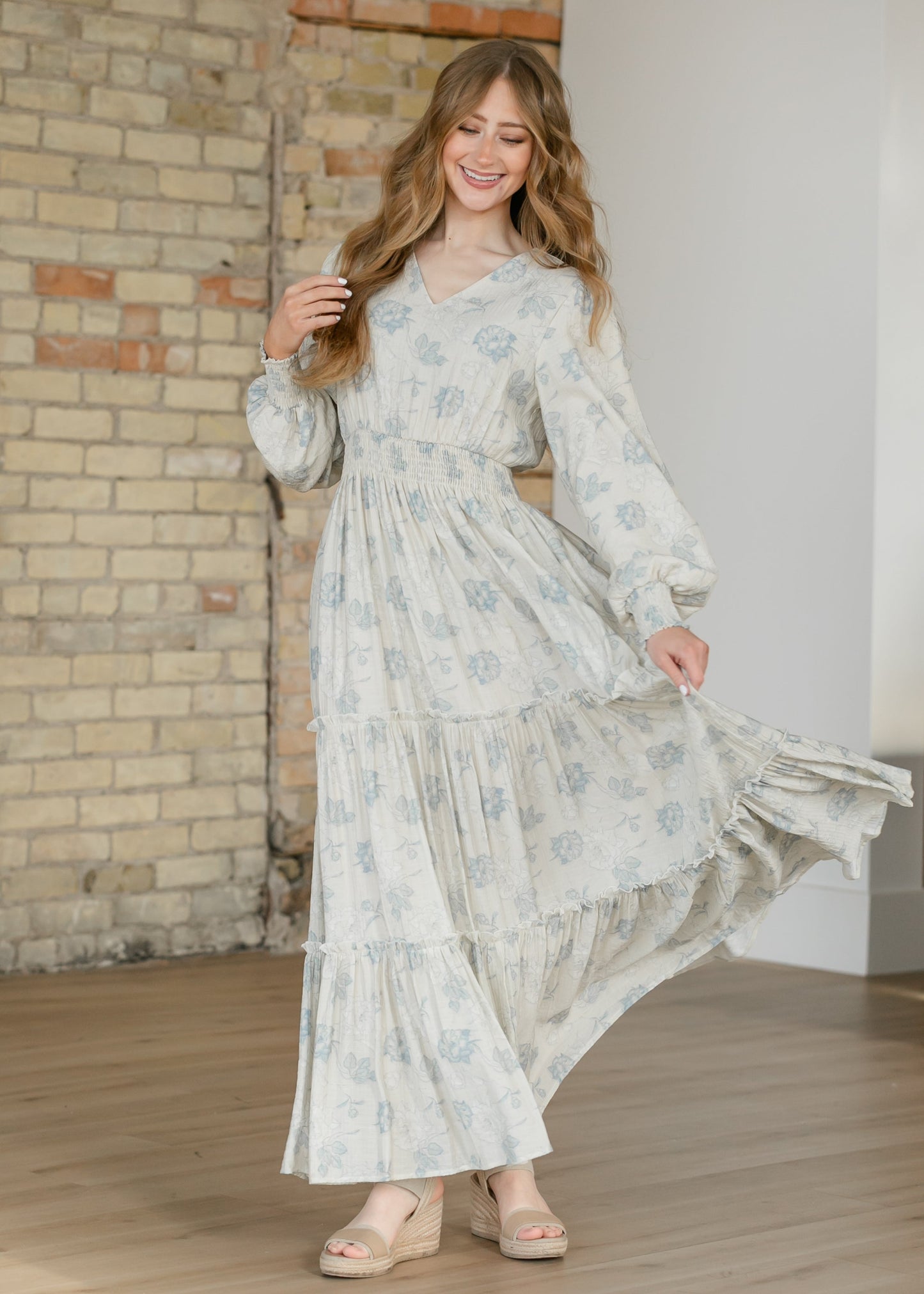 Jacey Blue Long Sleeve Smocked Waist Maxi Dress FF Dresses