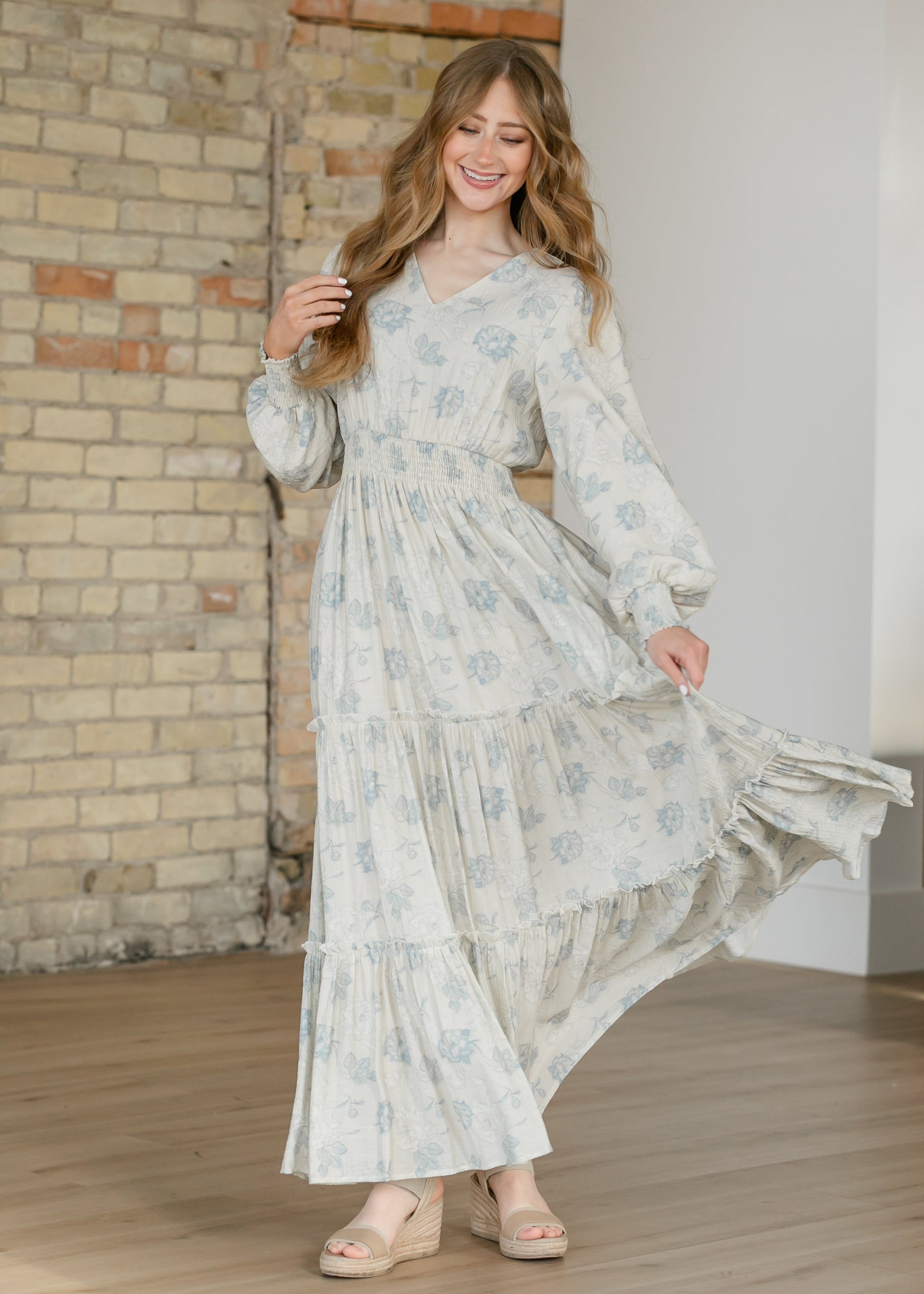 Jacey Blue Long Sleeve Smocked Waist Maxi Dress FF Dresses