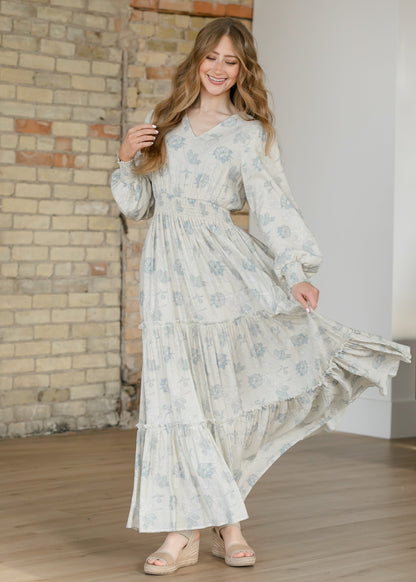 Jacey Blue Long Sleeve Smocked Waist Maxi Dress FF Dresses