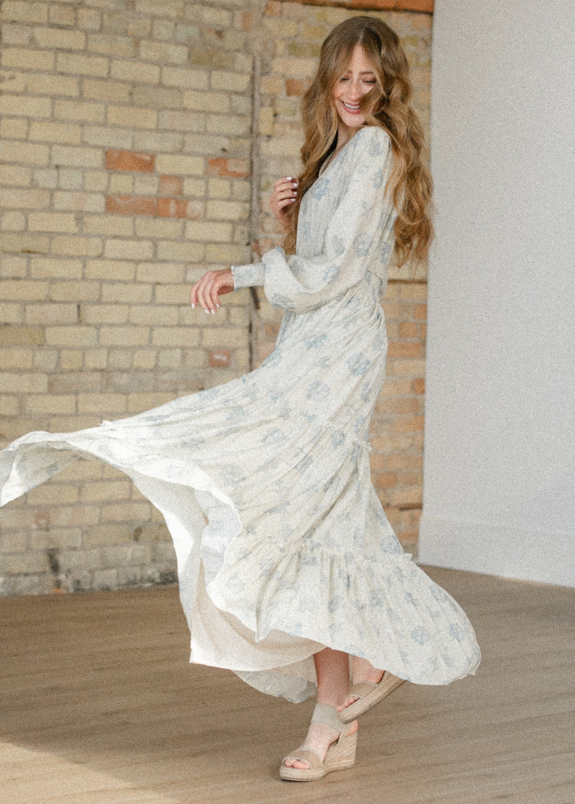 Jacey Blue Long Sleeve Smocked Waist Maxi Dress FF Dresses