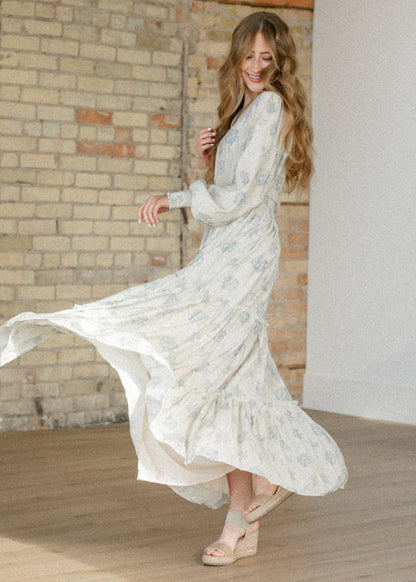 Jacey Blue Long Sleeve Smocked Waist Maxi Dress FF Dresses