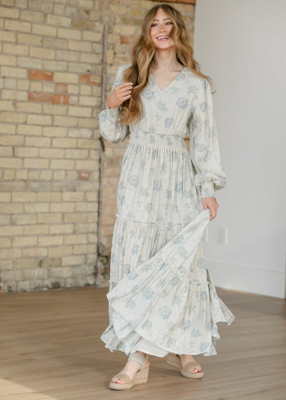Jacey Blue Long Sleeve Smocked Waist Maxi Dress FF Dresses