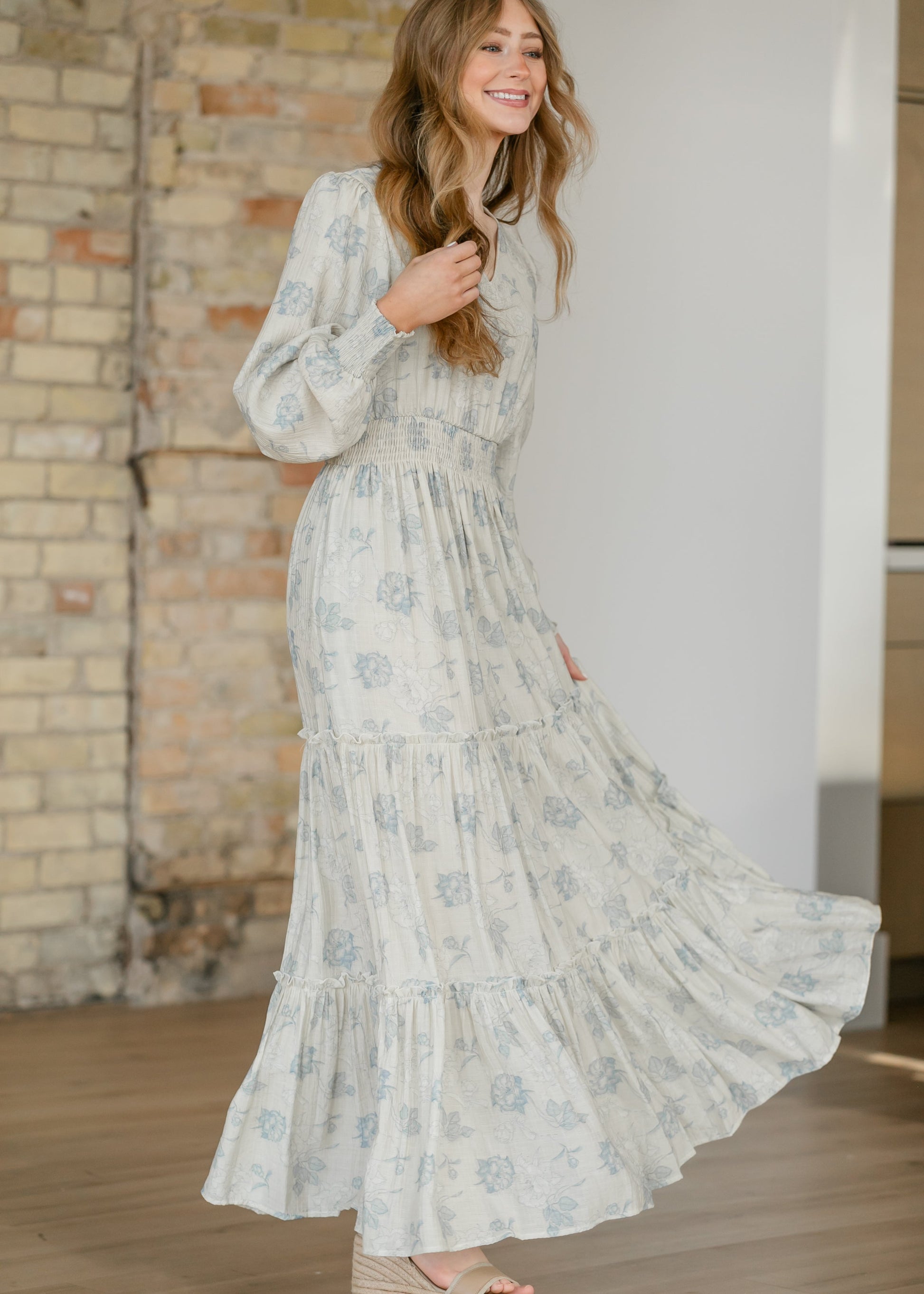 Jacey Blue Long Sleeve Smocked Waist Maxi Dress FF Dresses