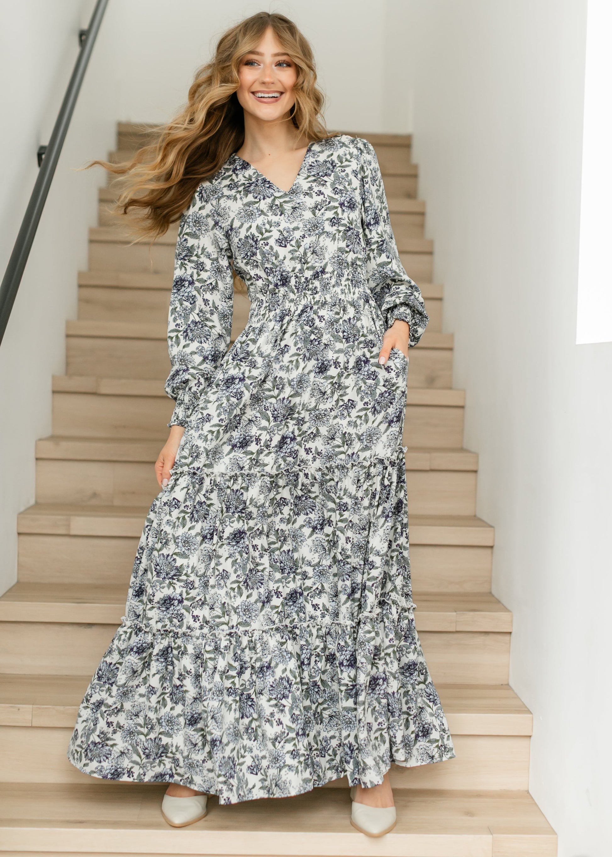 Jacey Long Sleeve Smocked Waist Maxi Dress FF Dresses