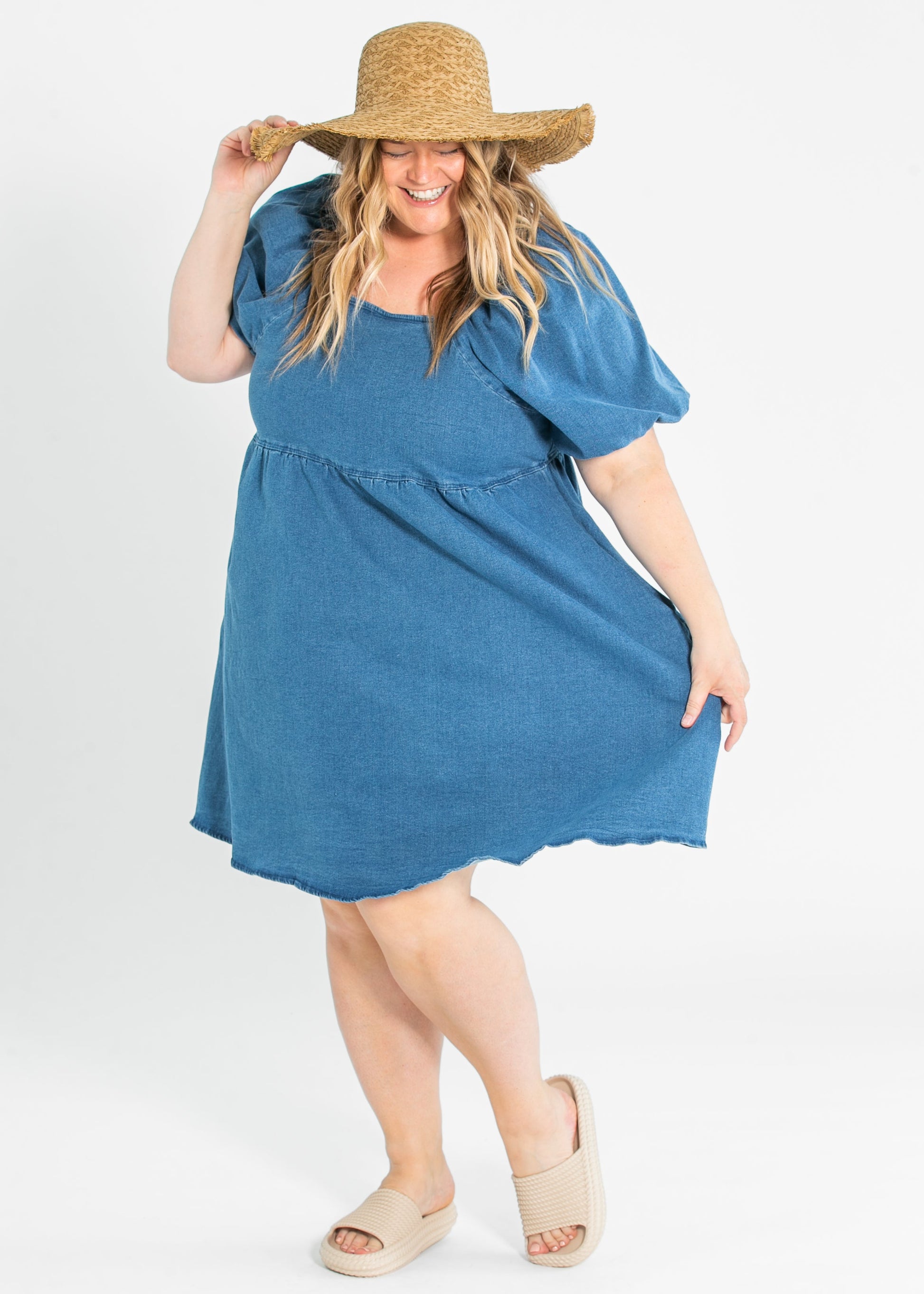 Jack Square Neck Puff Sleeve Denim Midi Dress FF Dresses
