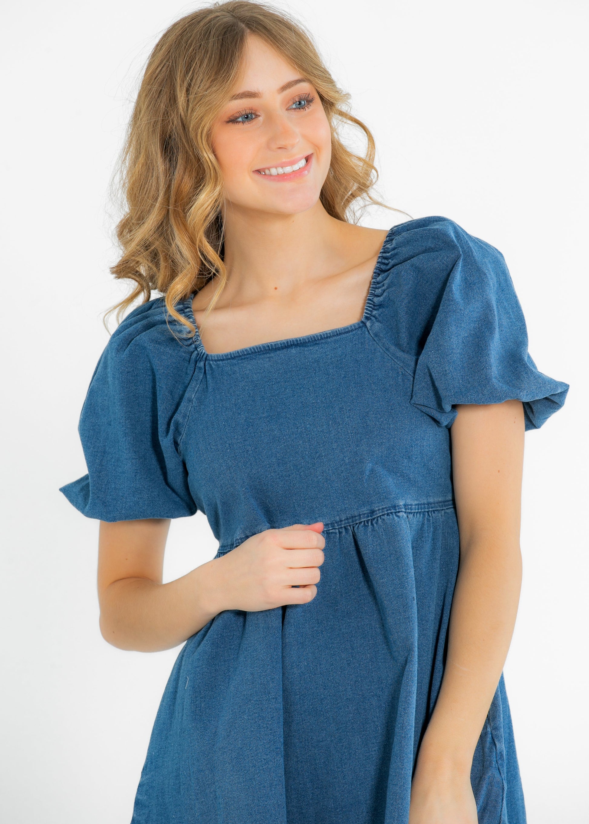 Jack Square Neck Puff Sleeve Denim Midi Dress FF Dresses