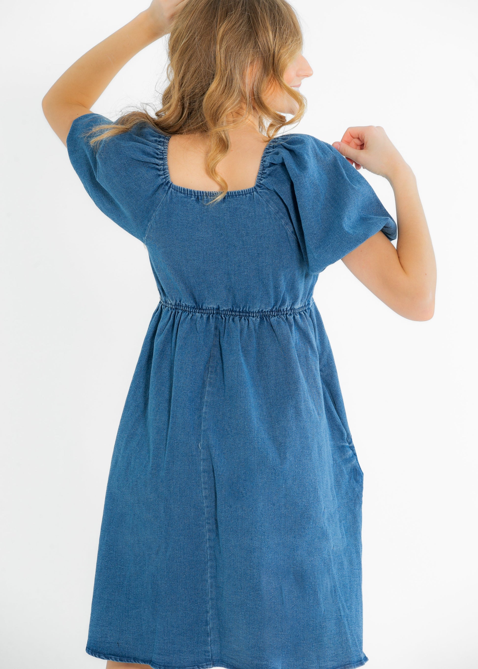 Jack Square Neck Puff Sleeve Denim Midi Dress FF Dresses