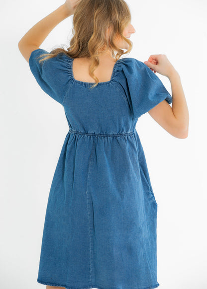 Jack Square Neck Puff Sleeve Denim Midi Dress FF Dresses