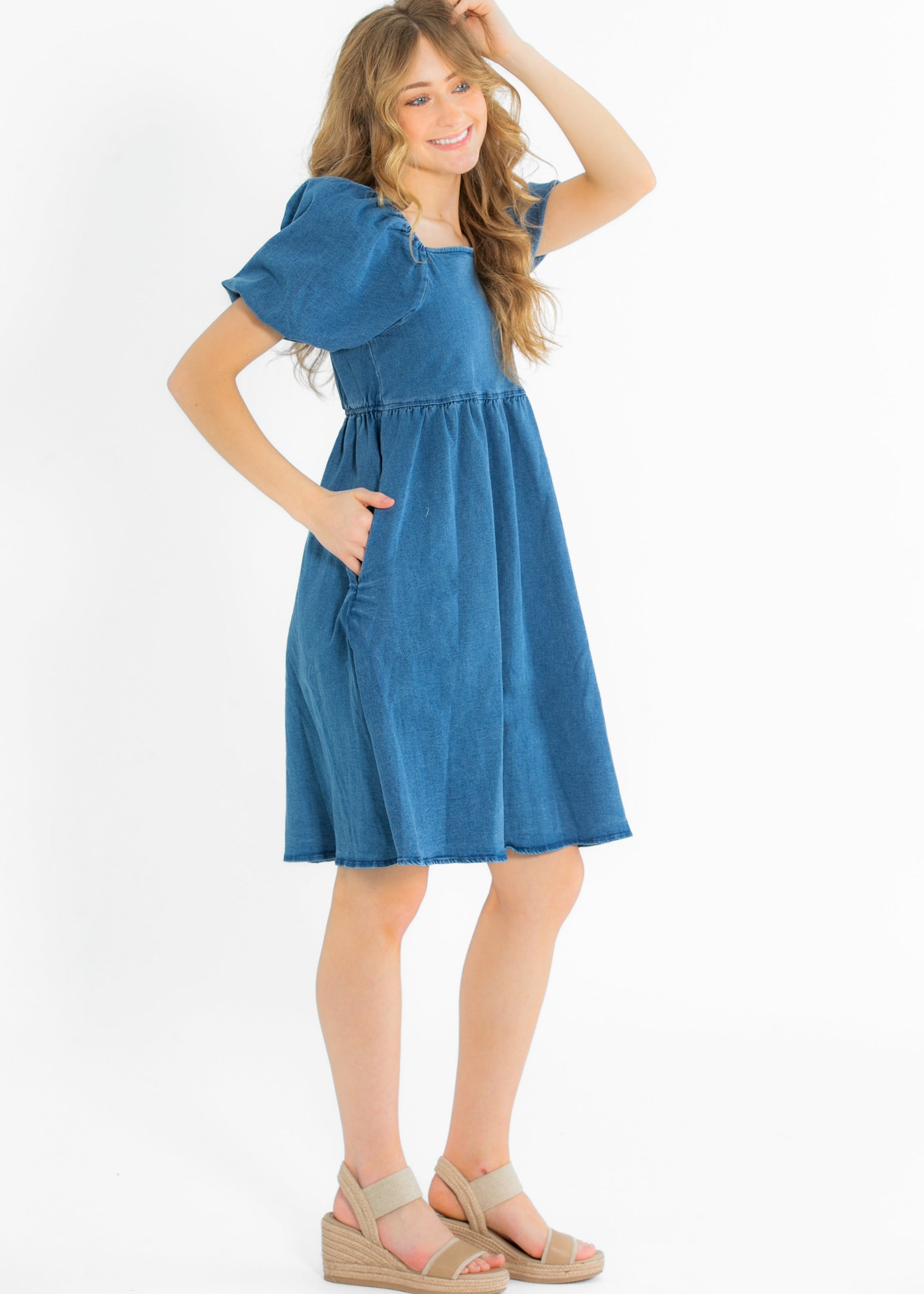 Jack Square Neck Puff Sleeve Denim Midi Dress FF Dresses